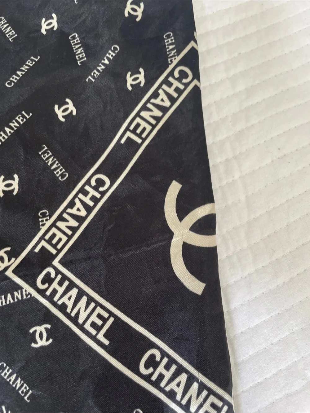 CHANEL Black and Cream Signature Silk Square Scarf